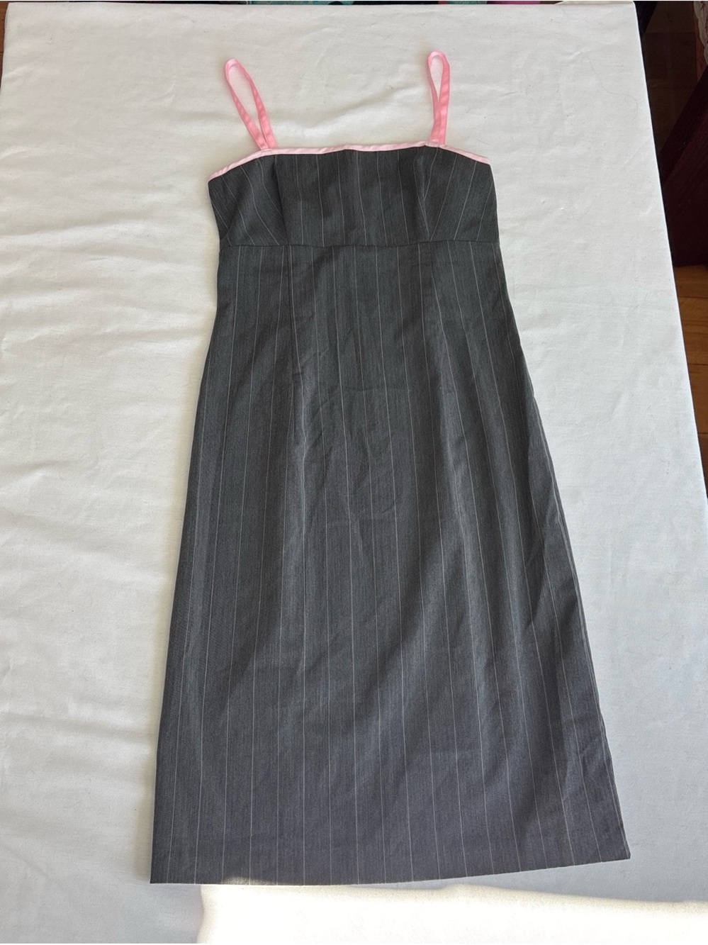 Dark Gray Pinstripe Sheath Dress with Pink Trim - Picture 2 of 10
